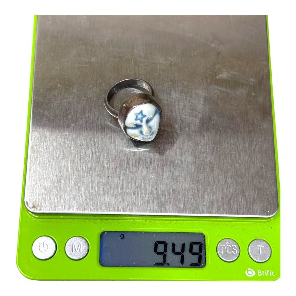 91 Artisan Mystical Celestial Ceramic Face Signed Sterling Silver Ring Star 6.75 - Picture 7 of 11